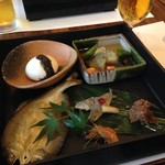 レストラン リリウム - ミルク豆腐　黒ゴマあんかけ　鮎風干し　賀茂茄子卸し煮　海老　青唐　振り柚子　豆鯖南蛮漬け　川海老艶煮