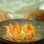 初音鮨 - 三河湾の巻き海老、
      存分にお酒を飲ませた海老を茹であげて...