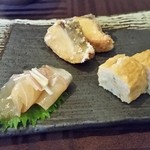 風凜 - 風凜　お通し内容は本文をコピペ「サワラ竜田揚げ、シマアジ漬け、変わり稲荷納豆オクラ」