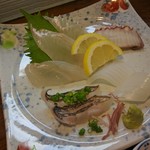 旬魚菜 しら川 - お刺身盛合せ(平目、太刀魚炙り、ケンサキイカ、タコ)