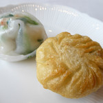 家全七福酒家 SEVENTH SON RESTAURANT - ニラ入り揚げもち＆ほうれん草入りホタテ蒸し餃子