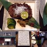 酒肴蕎麦 嘉楓 - 酒肴蕎麦 嘉楓(かふう) おすすめの超絶！厚切り牛タンローストビーフ\1580と常陸太田市産「常陸秋そば」10割 本格そば焼酎 赤土 ボトル\2800をそば湯割りでいただきました