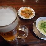 陳麻婆豆腐 - ビールとお通しのメンマ、セットのスープ