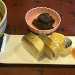 Asahiya - 棒寿司セット(きつねそば、鯖棒寿司三個、一品) 1300円(税別)