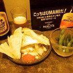 Kushiyaki Shimachan - お通し(３００円)はおかわり自由の生キャベツ＆味噌と枝豆。