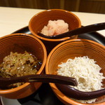 富小路 やま岸 - ご飯のお供3種類　明太子ワイン・山椒入りおじゃこ・自家製なめたけ