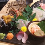 俺の魚を食ってみろ!! - (2016/7/12)俺の玉手箱。雲丹・蟹・ボタン海老・平貝・トロ鮪・平目・間八と豪華な内容の刺身盛合せです。