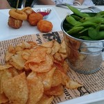 バルバッコア ビアガーデン - (前)枝豆の岩塩焼きと自家製フライドチップス
(後)揚げ物盛り合わせ