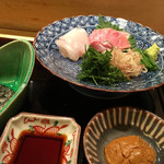 はらまさ - お造り：肝醤油・醤油・海苔で