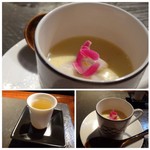 星期菜 白金 - 最初にお店からのサービスで、「ジャスミン茶」「トウモロコシの冷製スープ」が出されます。