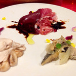 選べる2種のパスタコース（2,800円） の前菜盛り合わせ。生ハムにかかっているソースはバルサミコではなくその元のモスコットのソース。