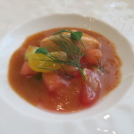 プレヴナンス - 28年7月　西瓜・トマトのガスパチョ、海老ムース　西瓜ジュレ、自家菜園トマト・胡瓜