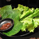 堅田酒場　情熱ホルモン - チシャとゴマの葉