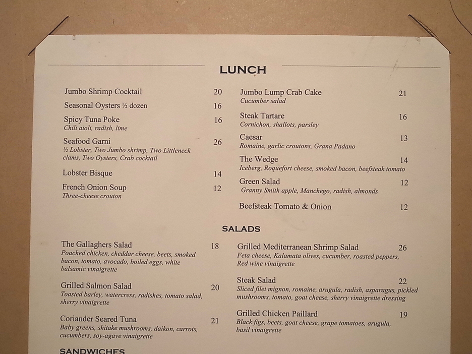 Gallaghers Steak House ヴィンテージ メニュー メニュー写真 : Gallaghers STEAKHOUSE - ミッドタウン・ウエスト