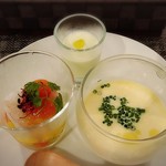 ドゥース ダイニング ウイング - ★夏野菜のゼリー寄せ・メロンとグレープフルーツの冷製スープ・とうもろこしの冷製スープ