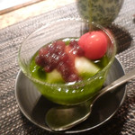 鉄板焼 十河 - デザート、抹茶ゼリー、スイカ、バニラアイスの求肥巻き、粒餡、さくさんぼ・・