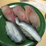 大江戸 - 白身魚三種盛(340円)、こはだ(140円)
