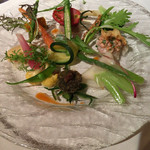 レストラン・マッカリーナ - 鮑、ボタン海老、鮟鱇と肝、鮪、地場野菜の盛り合わせ