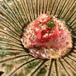 虎白 - 牛肉の雲丹巻き、赤万願寺とうがらし、衣川茄子(2016/7)