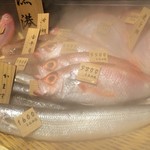 八吉 - 入口には魚が陳列されています。