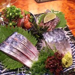 さば銀 - 鯖づくし1380円也。ゴマ鯖、生鯖、〆鯖、炙り〆鯖の4種類。サバってこんなに美味しかったんだぁ～(*￣∇￣)ノ