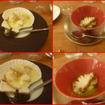 エスパイ クック コウベ - 蒸し鮑の肝バターソース、ホタテ貝柱のグラタン・・