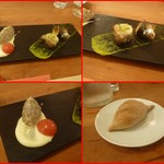 エスパイ クック コウベ - 鯖のタルタル（鯖、エシャロット、イタリアンパセリ）カリーフラワーのスースとスモモのゼリー添え、鰯の香草パン粉焼きグリーンペッパーソースで・・