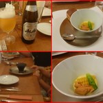 エスパイ クック コウベ - 先ずは生ビール・コーンのムース、雲丹、コーン、スナップ豌豆トッピング！