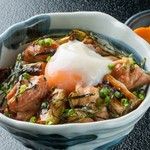 Warm egg Yakitori (grilled chicken skewers) bowl