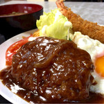お食事処 淀ヤ - ハンバーグと海老フライの定食950円