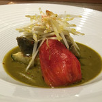 SUGALABO - 鮑の”酒蒸し”とズッキーニのグラタン、鮑の肝のソースと宝韶寿レモン