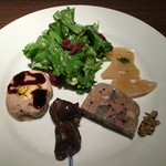 ワインレストラン ドミナス - ほたての低温カルパッチョ・ベーコンのシーザーサラダ・パテドカンパーニュ・桜姫鶏のチーズ巻き・砂肝のコンフィ