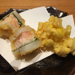 かま田 - 蓮根のはさみ揚げとトウモロコシの天ぷら