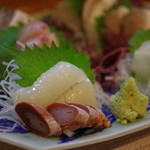 舟勝 - ヤリイカ＆肝、鯵、鰆、鮃の昆布締め、イナダ、地ダコ