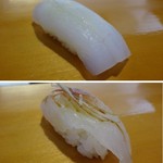 村庄寿司 - ◆ヤリ烏賊・・塩で頂きます。
            ◆鯛・・茗荷がのせられていますので、淡白な鯛と合いますね。熟成度もよく美味しい。