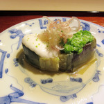 富小路 やま岸 - 6】焚物:賀茂茄子揚げ煮 大和芋 おくら