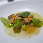 【とある池〜 スッポンと葱の冷たいジュ、アーティーチョーク、蓴菜、枝豆、雲丹、金蓮花】★2016/7