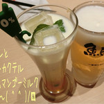 魚民 - 生ビール(中/484円)とノンアルカクテル みかん&マンゴーミルク(430円)で乾杯〜( ^ ^ )/□