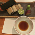 島之内 一陽 - 鰻の白焼き。山葵の効きはかなり弱めでした。