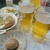 一平 - 料理写真:生ビール、味玉、牛煮込み豆腐、マカロニサラダ