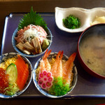 大洗　お魚食堂 - 人気一番ミニ丼トリオ1200円