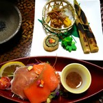 千葉旅館 - 若竹？の味噌漬け、生ハムとサーモンのサラダ(梅ドレッシング)♪