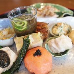 月見里 - H28/7　焼き茄子胡麻豆腐　穴子変り焼　スモークサーモン・ボール　桃胡桃和えなど