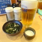 Yakitori Koubou - 生ビール、お通しと食前牛乳(2016.5)