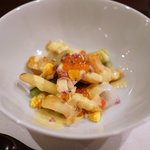 えさき - 山口下関の白イカとバイ貝色々な夏野菜達豆乳と野菜のソースをかけて