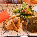 おいしい台所12カ月 - 焼鮭、あさり佃煮、小松菜ツナ和え、かぼちゃ旨煮