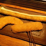 Kaorikushiage Yabukarabou - 味彩定食（手前から・・ごぼうの豚肉巻、かぼちゃ、アスパラガス）