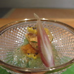 日本料理 幸庵 - つぶ貝の酒煮、青ずいき、北海道の雲丹、トウモロコシの加減酢ジュレバジル風味アップ