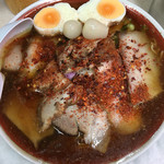 天神そば - 『Ｗ（ダブル）、麺は固め、玉子入り』です。一味をかけました。（2016.8 byジプシーくん）