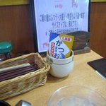 たくま食堂 - ご飯もお替わり自由なのでテーブルに置いてあるふりかけや高菜でもう一杯いただきました